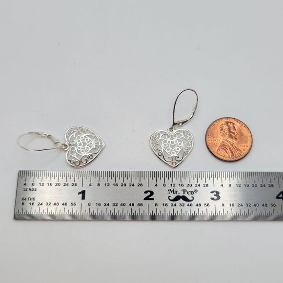 Filigree Open Work Heart Sterling Silver Earrings - Picture 5 of 6